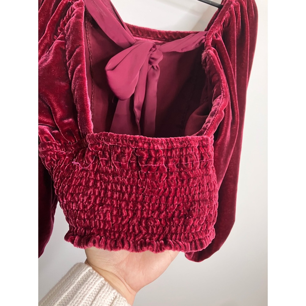 Free People Velvet Crop Top Womens L Burgundy Excellent Puff Sleeve Tie Back - Picture 6 of 9